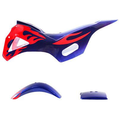 Mini Dirt Bike Body Fender - 3 piece - Blue with Red Flames - VMC Chinese Parts