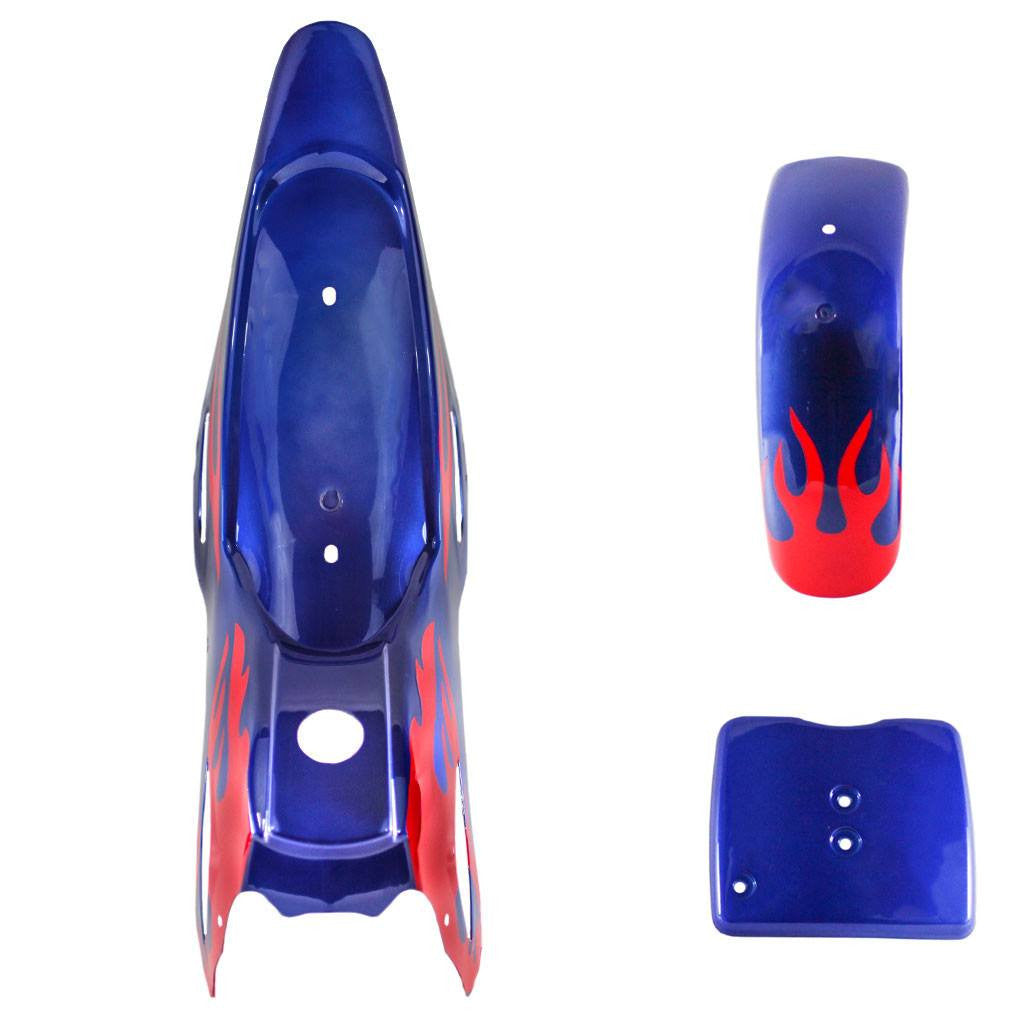 Mini Dirt Bike Body Fender - 3 piece - Blue with Red Flames - VMC Chinese Parts