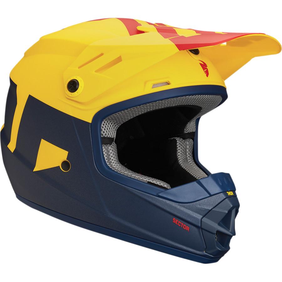 blue and gold motorcycle helmet Thor Youth Sector Level Matte Navy Blue/Yellow/Red Helmet – VMC Chinese Parts