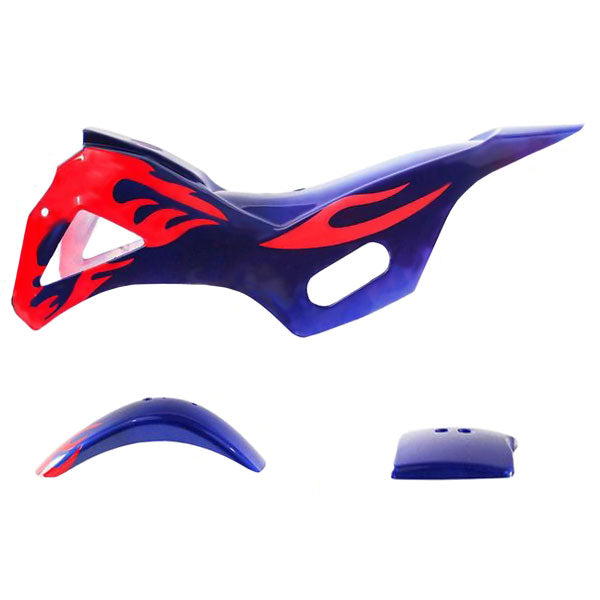 Mini Dirt Bike Body Fender - 3 piece - Blue with Red Flames - VMC Chinese Parts